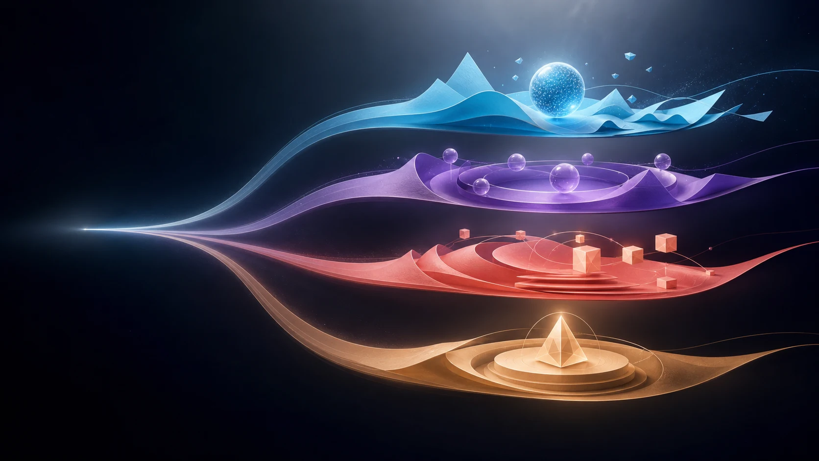 Four luminous, connected pathways representing the mindsets of originating, maintaining, scaling, and refining