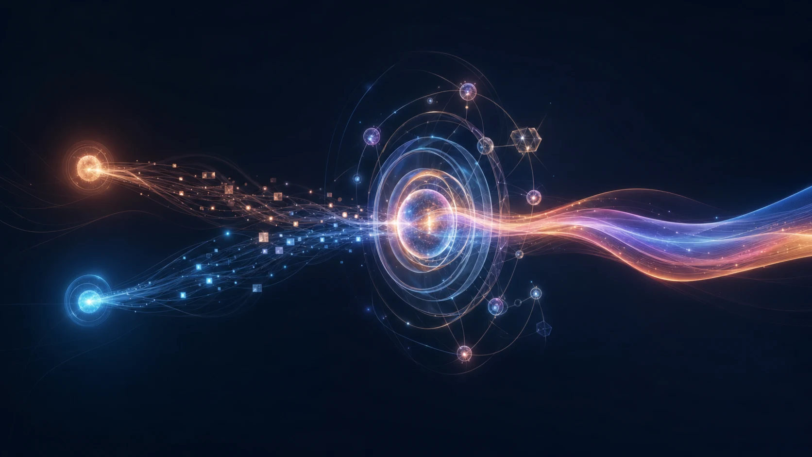 Human and AI conversation streams converging in a luminous long-term memory core and emerging as recalled context